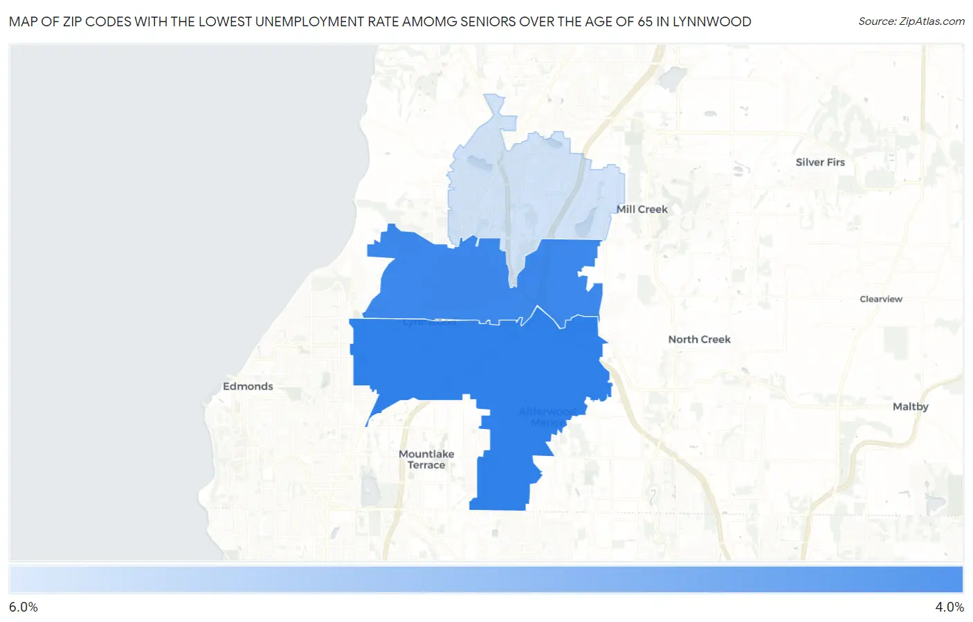Zip Codes with the Lowest Unemployment Rate Amomg Seniors Over the Age of 65 in Lynnwood Map