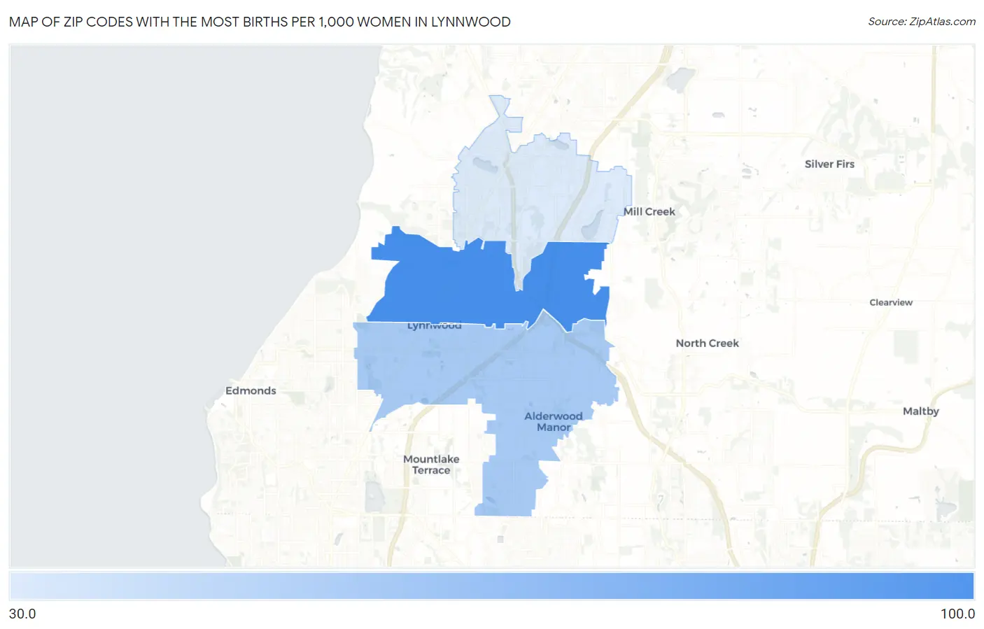 Zip Codes with the Most Births per 1,000 Women in Lynnwood Map