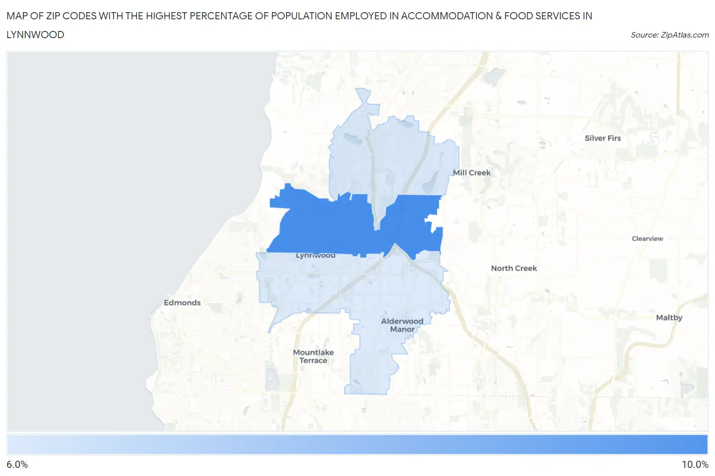 Zip Codes with the Highest Percentage of Population Employed in Accommodation & Food Services in Lynnwood Map