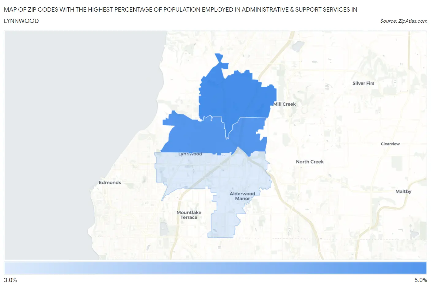 Zip Codes with the Highest Percentage of Population Employed in Administrative & Support Services in Lynnwood Map