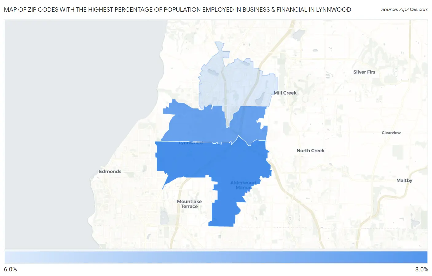 Zip Codes with the Highest Percentage of Population Employed in Business & Financial in Lynnwood Map