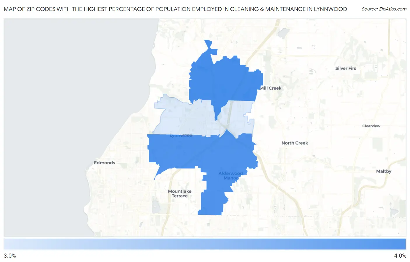 Zip Codes with the Highest Percentage of Population Employed in Cleaning & Maintenance in Lynnwood Map