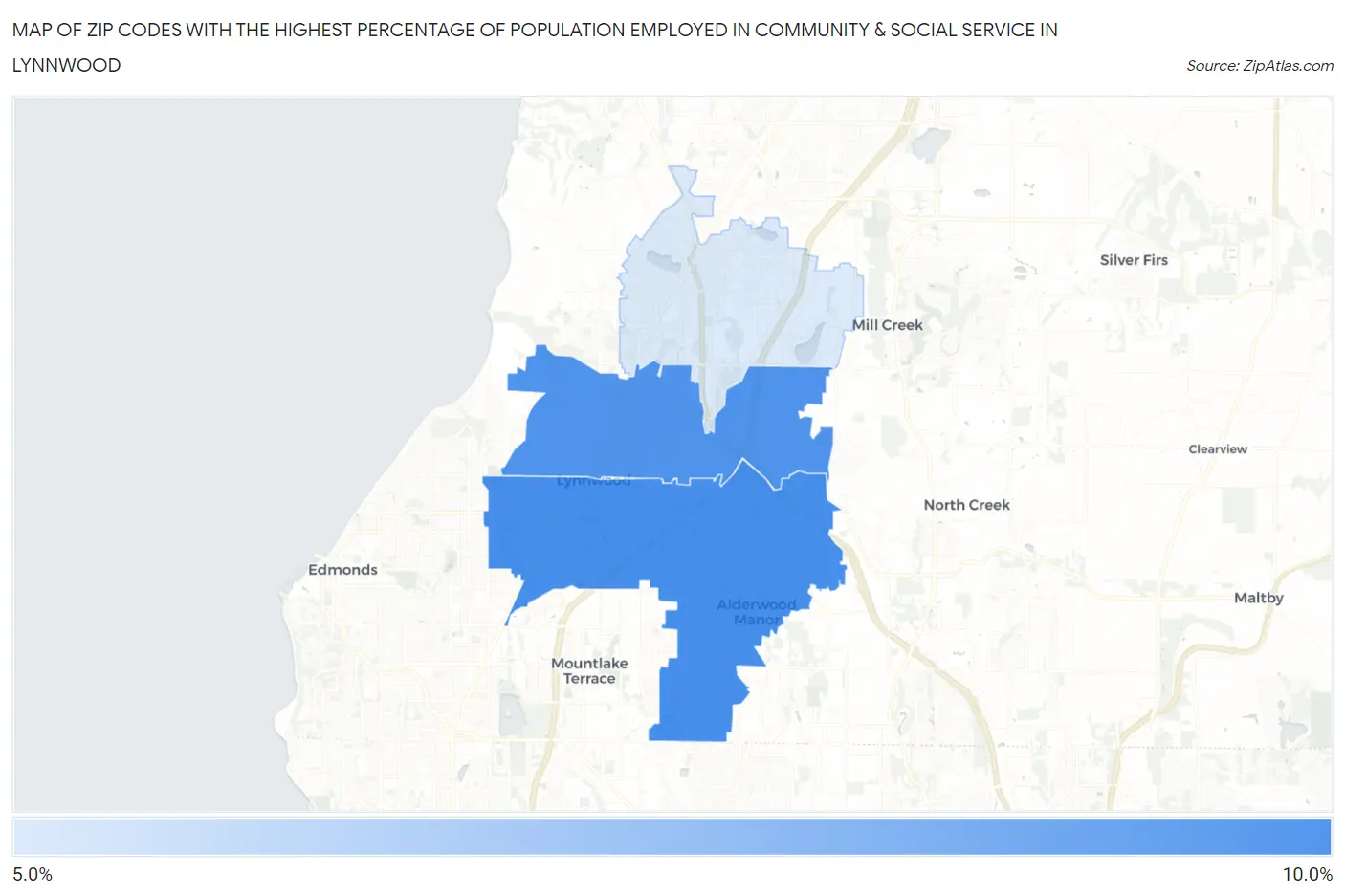 Zip Codes with the Highest Percentage of Population Employed in Community & Social Service  in Lynnwood Map