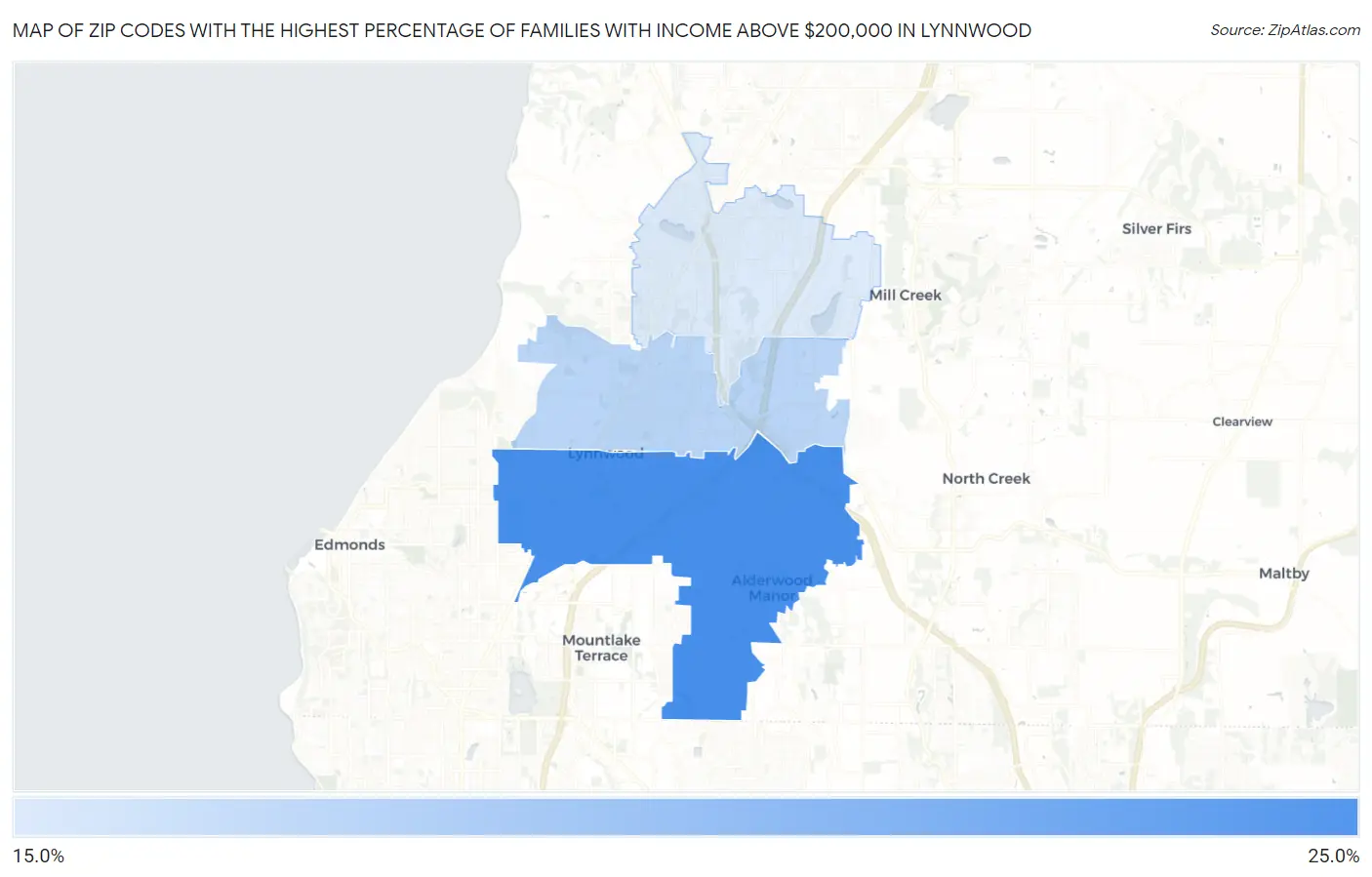 Zip Codes with the Highest Percentage of Families with Income Above $200,000 in Lynnwood Map
