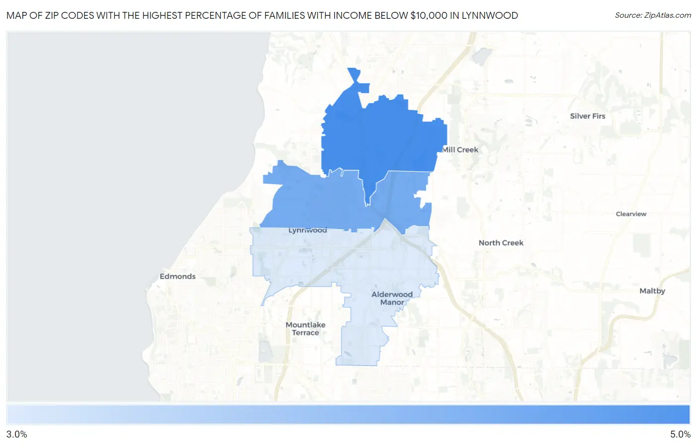 Zip Codes with the Highest Percentage of Families with Income Below $10,000 in Lynnwood Map