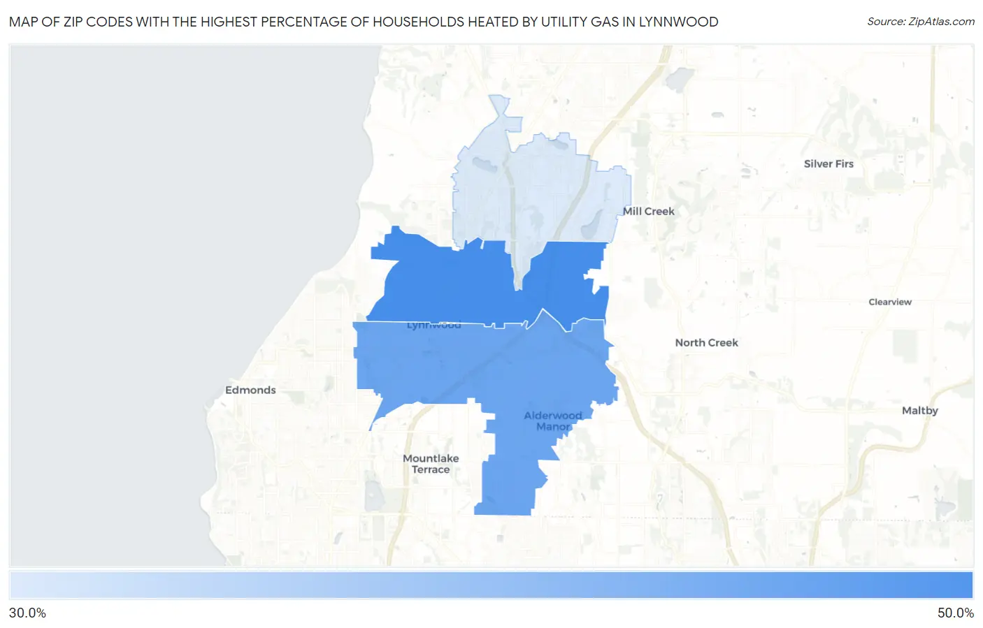 Zip Codes with the Highest Percentage of Households Heated by Utility Gas in Lynnwood Map