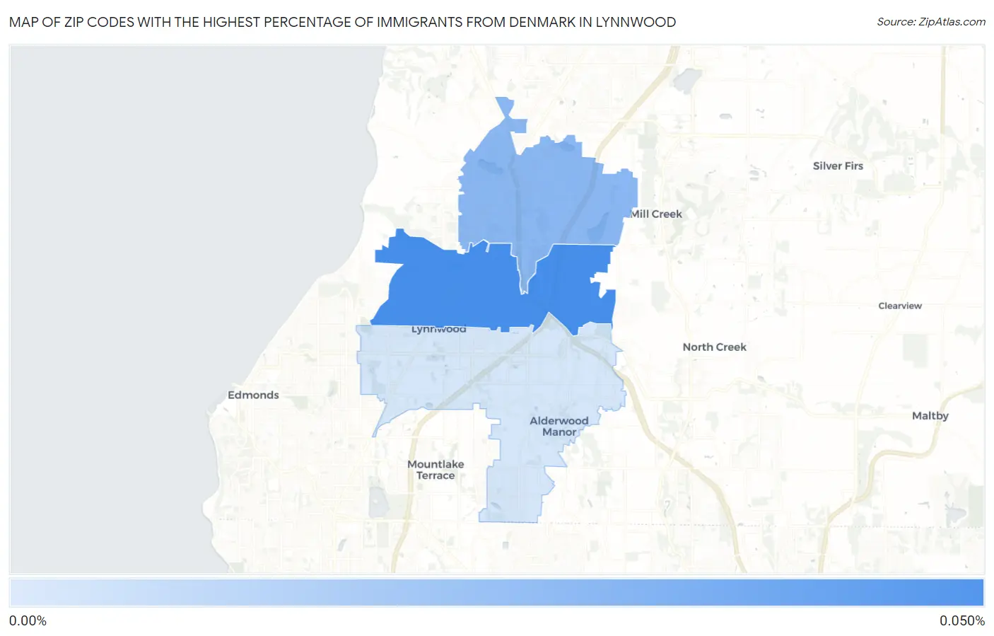 Zip Codes with the Highest Percentage of Immigrants from Denmark in Lynnwood Map