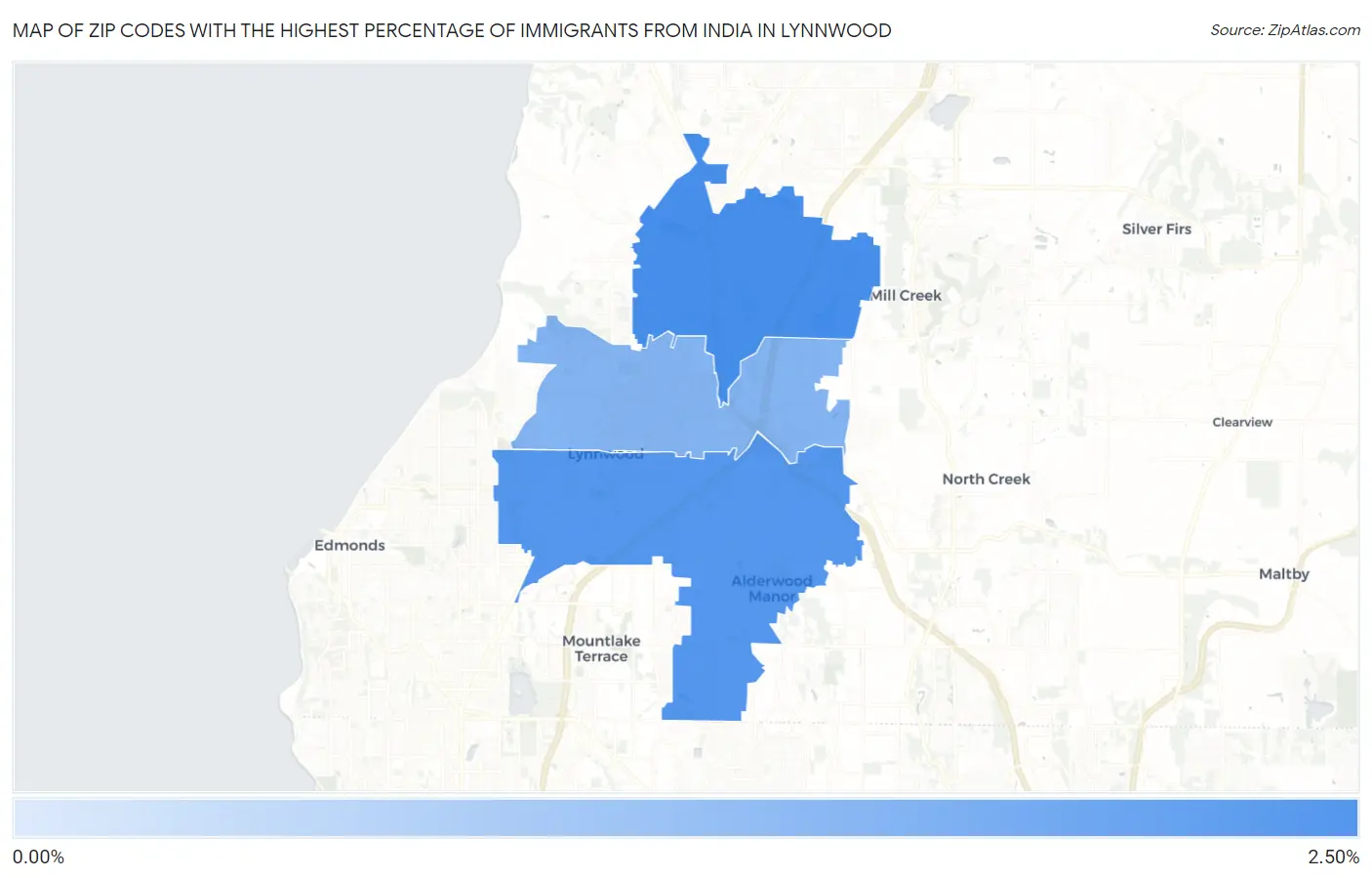 Zip Codes with the Highest Percentage of Immigrants from India in Lynnwood Map