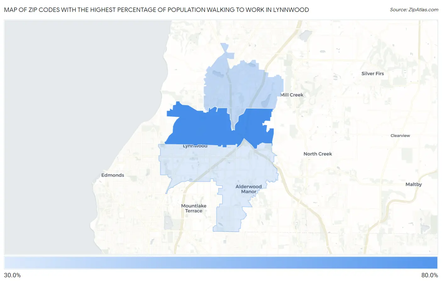 Zip Codes with the Highest Percentage of Population Walking to Work in Lynnwood Map