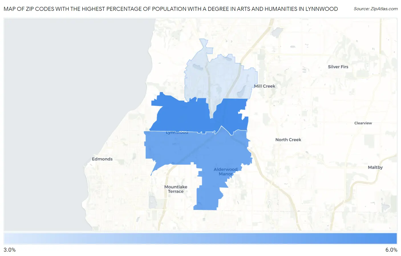 Zip Codes with the Highest Percentage of Population with a Degree in Arts and Humanities in Lynnwood Map