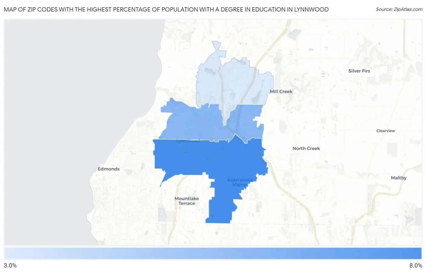Zip Codes with the Highest Percentage of Population with a Degree in Education in Lynnwood Map