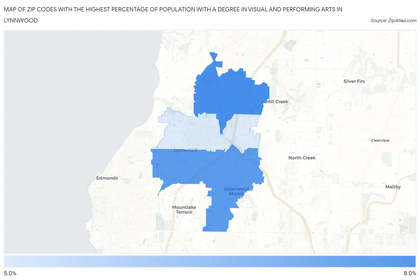 Zip Codes with the Highest Percentage of Population with a Degree in Visual and Performing Arts in Lynnwood Map