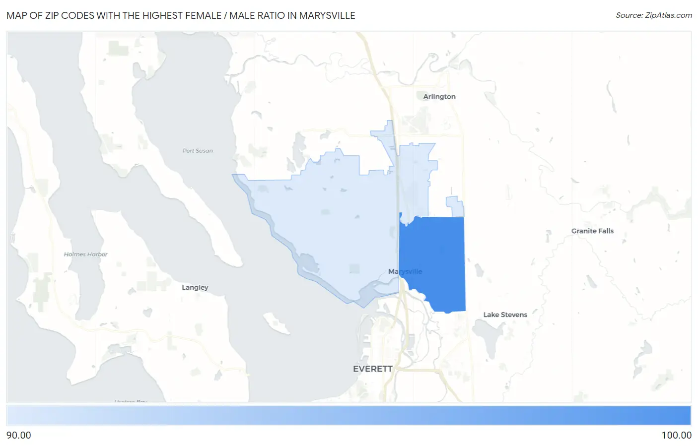 Zip Codes with the Highest Female / Male Ratio in Marysville Map