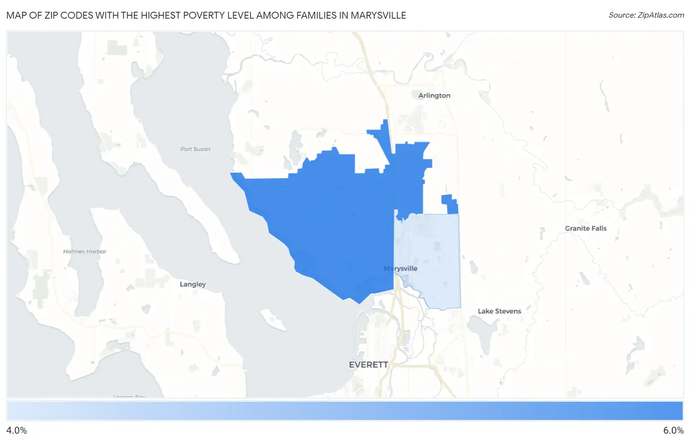 Zip Codes with the Highest Poverty Level Among Families in Marysville Map