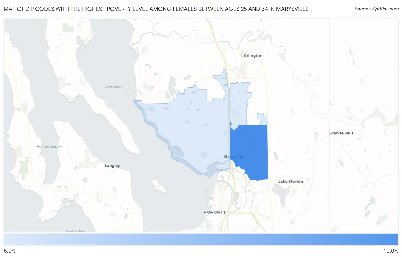 Zip Codes with the Highest Poverty Level Among Females Between Ages 25 and 34 in Marysville Map