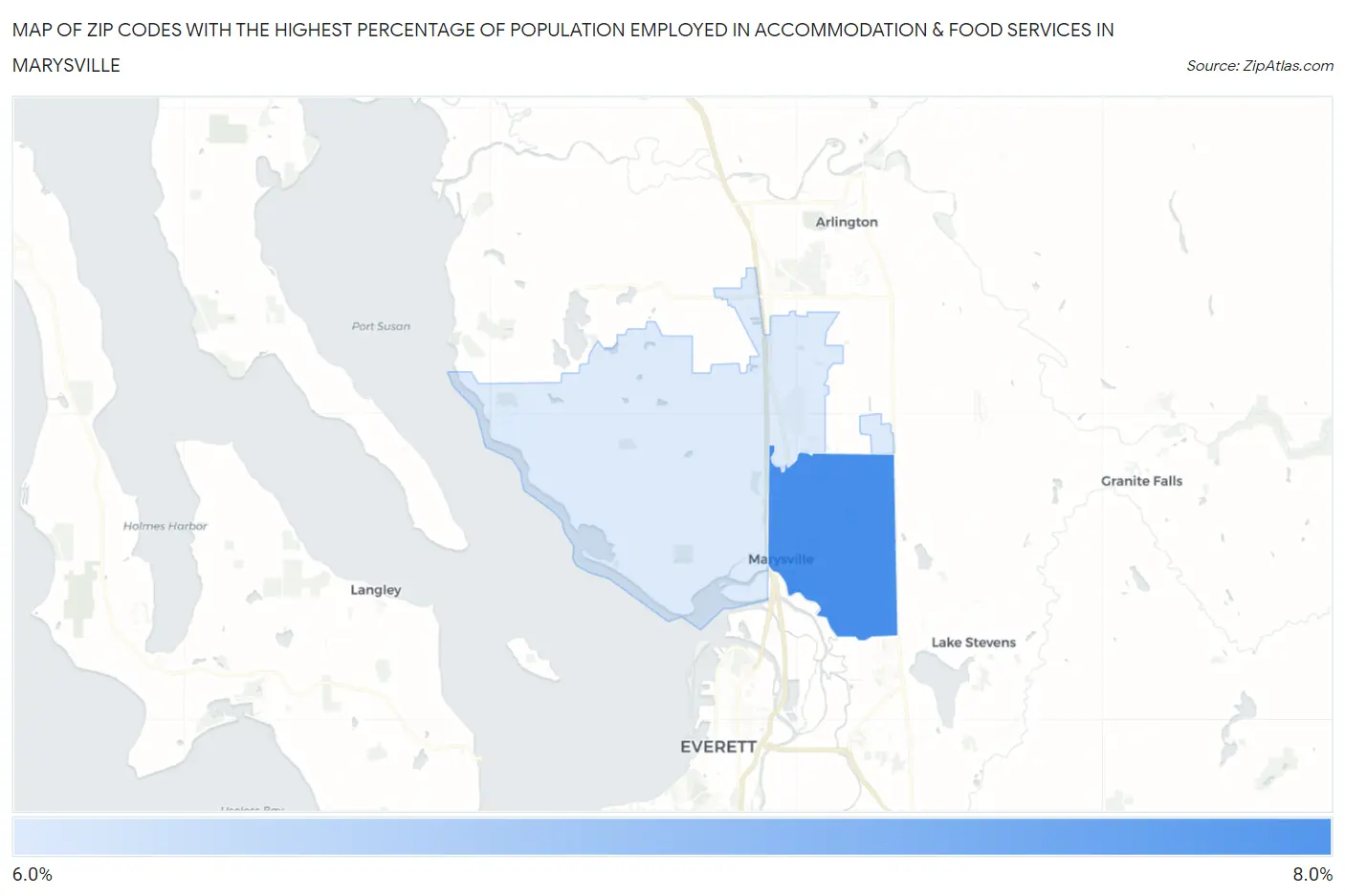 Zip Codes with the Highest Percentage of Population Employed in Accommodation & Food Services in Marysville Map