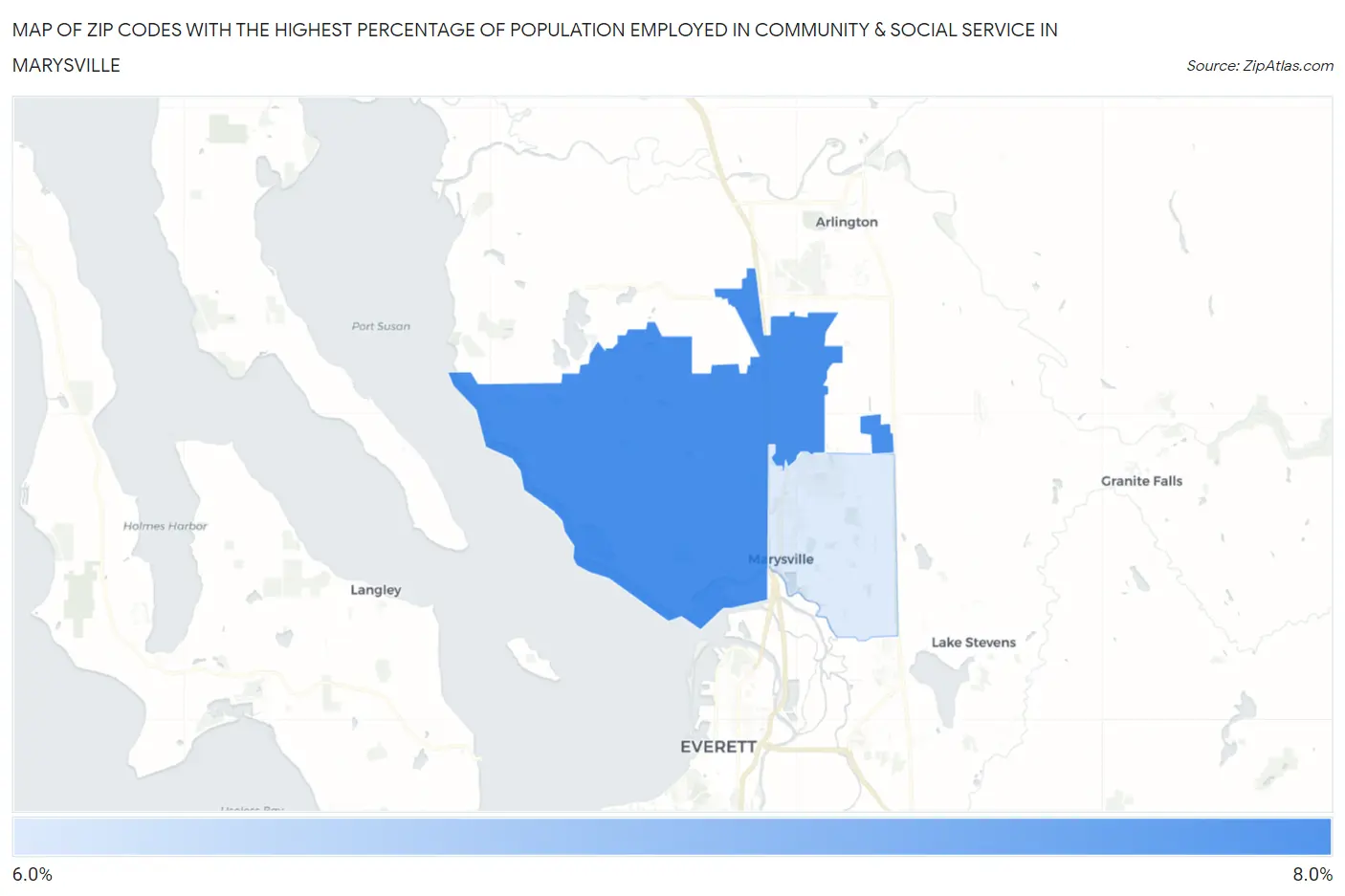 Zip Codes with the Highest Percentage of Population Employed in Community & Social Service  in Marysville Map
