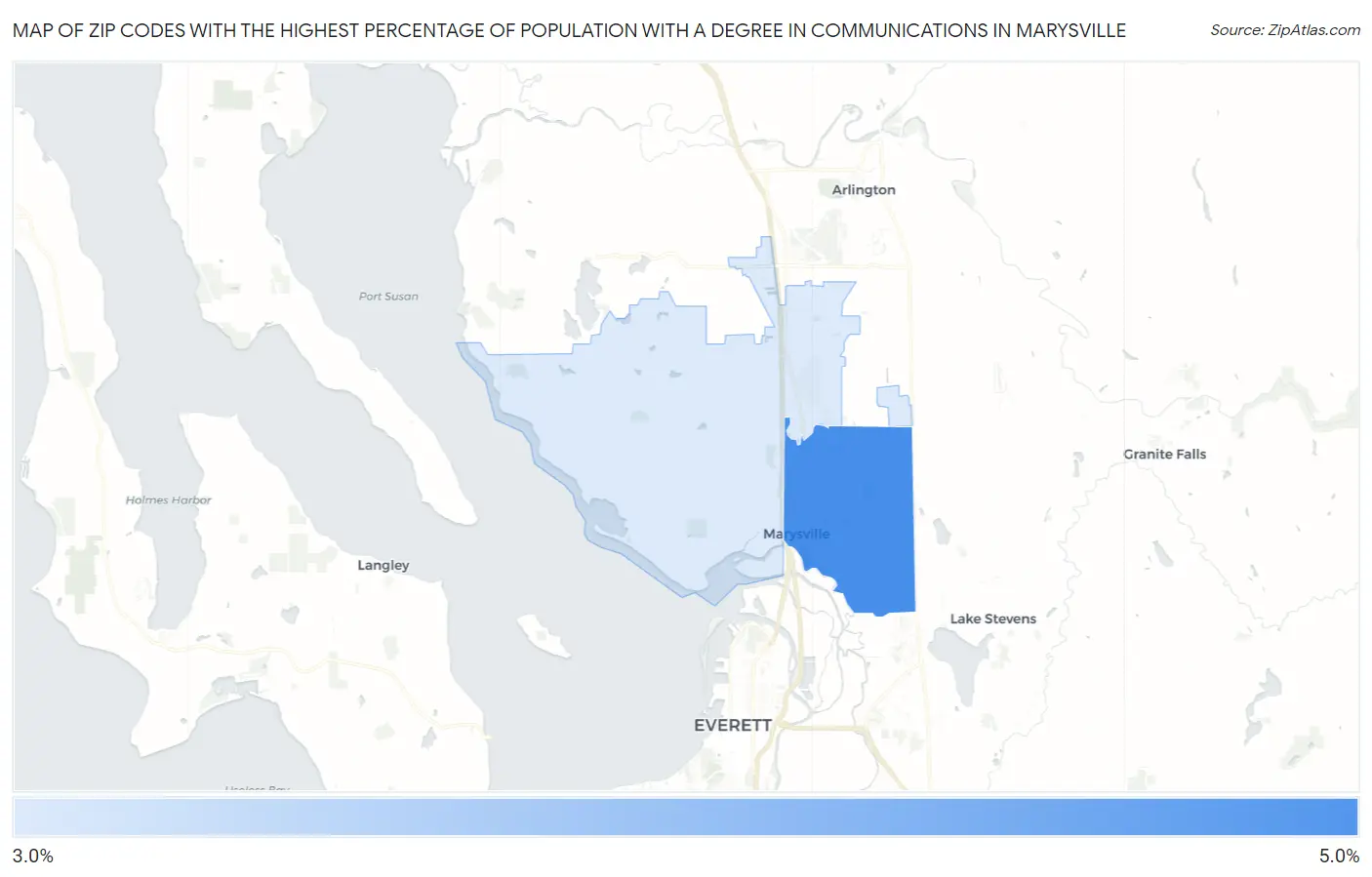 Zip Codes with the Highest Percentage of Population with a Degree in Communications in Marysville Map