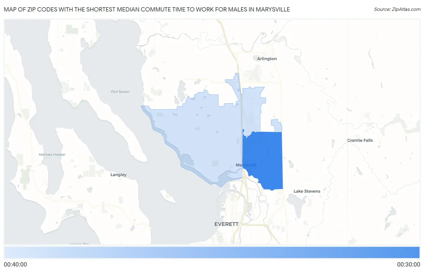 Zip Codes with the Shortest Median Commute Time to Work for Males in Marysville Map