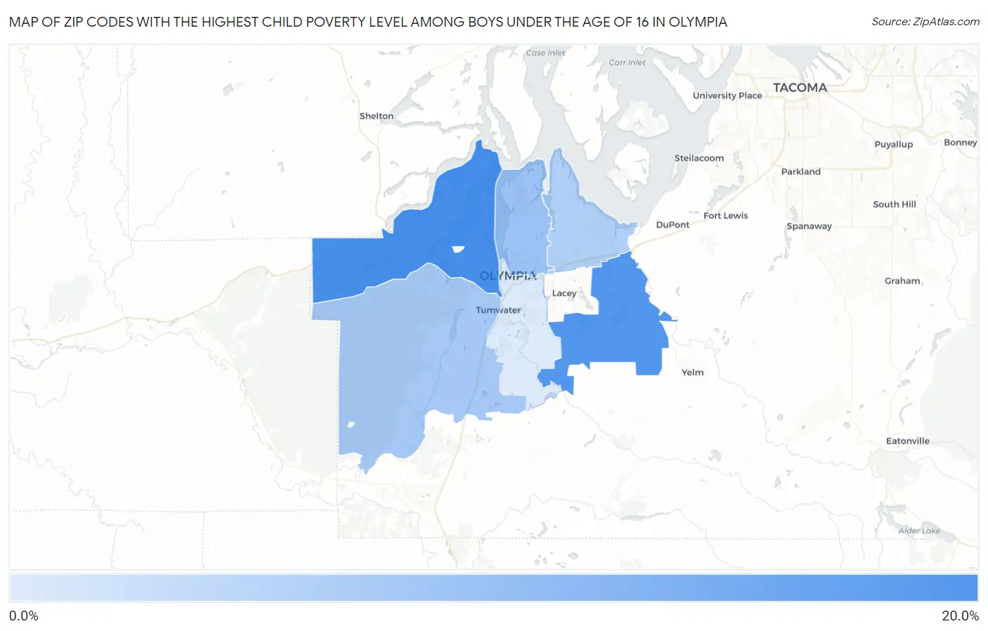 Zip Codes with the Highest Child Poverty Level Among Boys Under the Age of 16 in Olympia Map