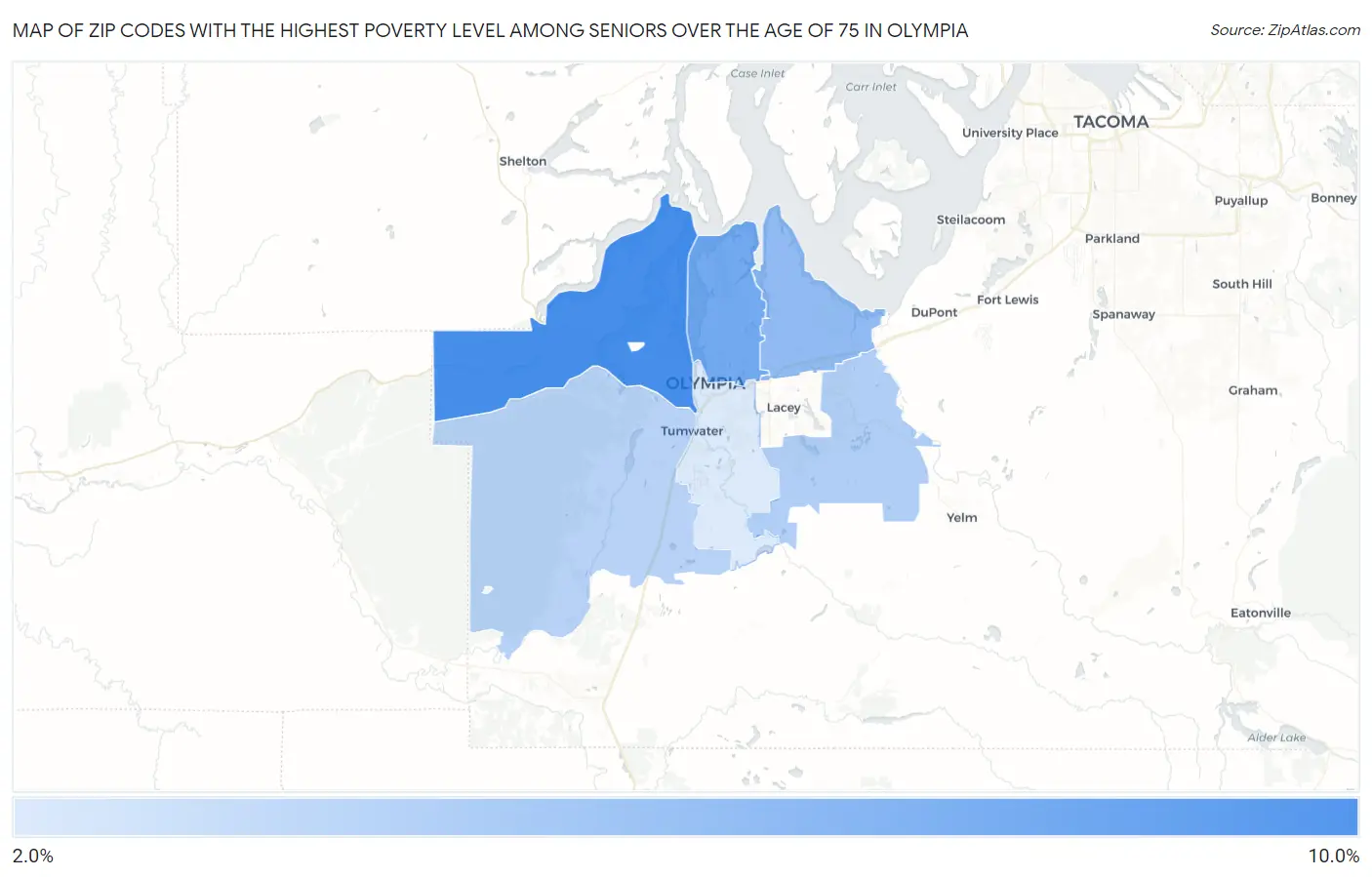 Zip Codes with the Highest Poverty Level Among Seniors Over the Age of 75 in Olympia Map