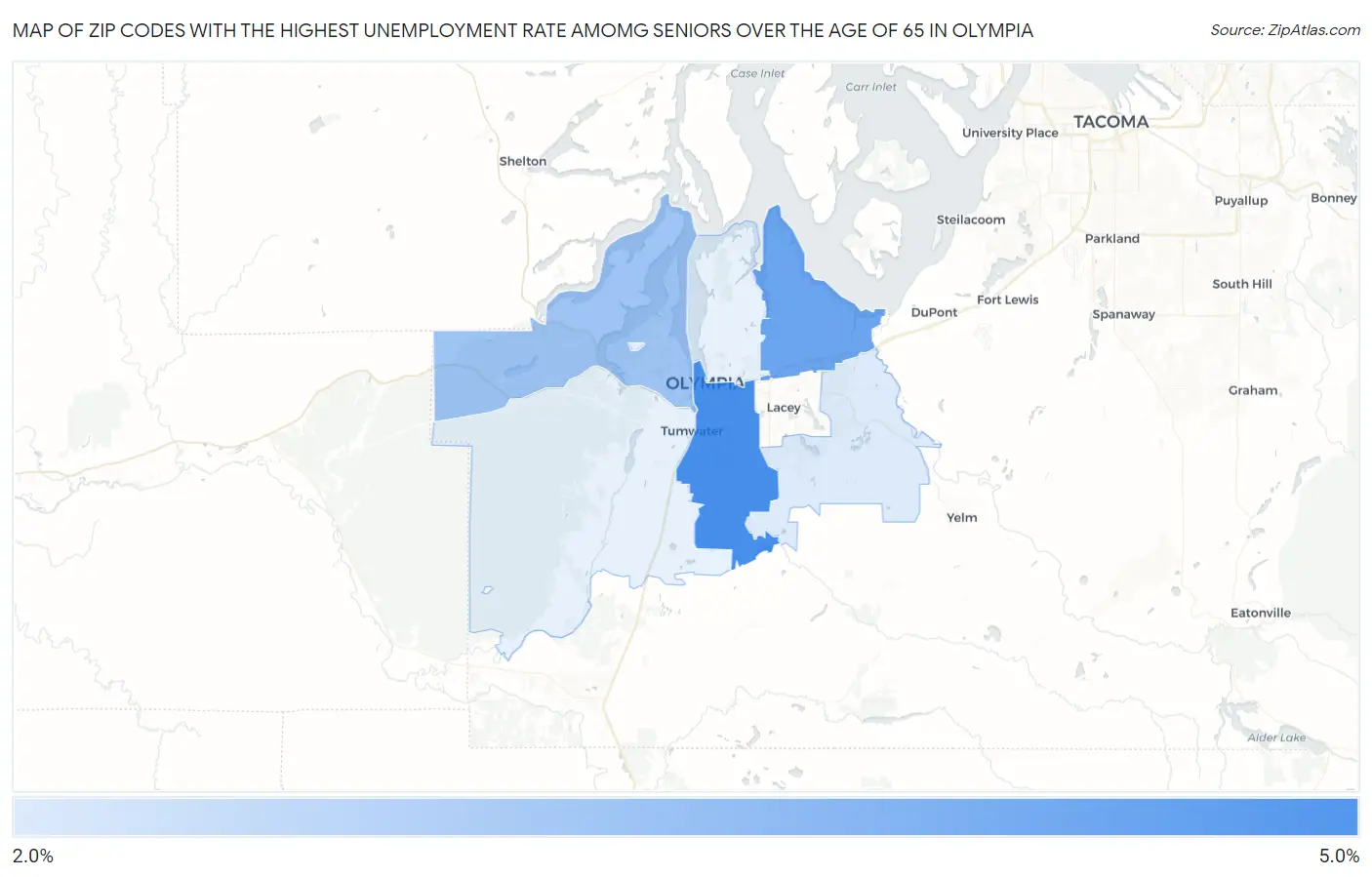Zip Codes with the Highest Unemployment Rate Amomg Seniors Over the Age of 65 in Olympia Map
