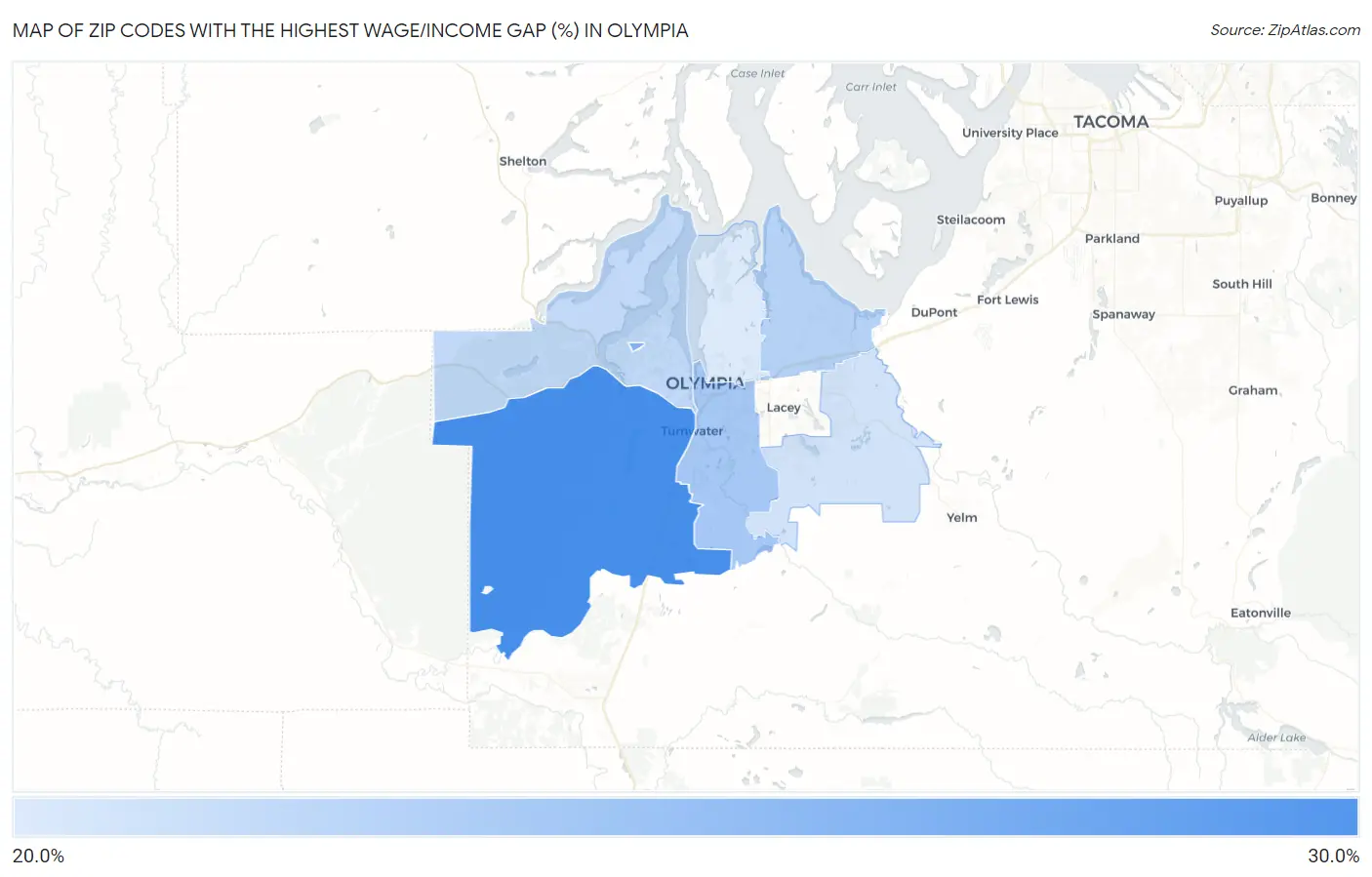 Zip Codes with the Highest Wage/Income Gap (%) in Olympia Map
