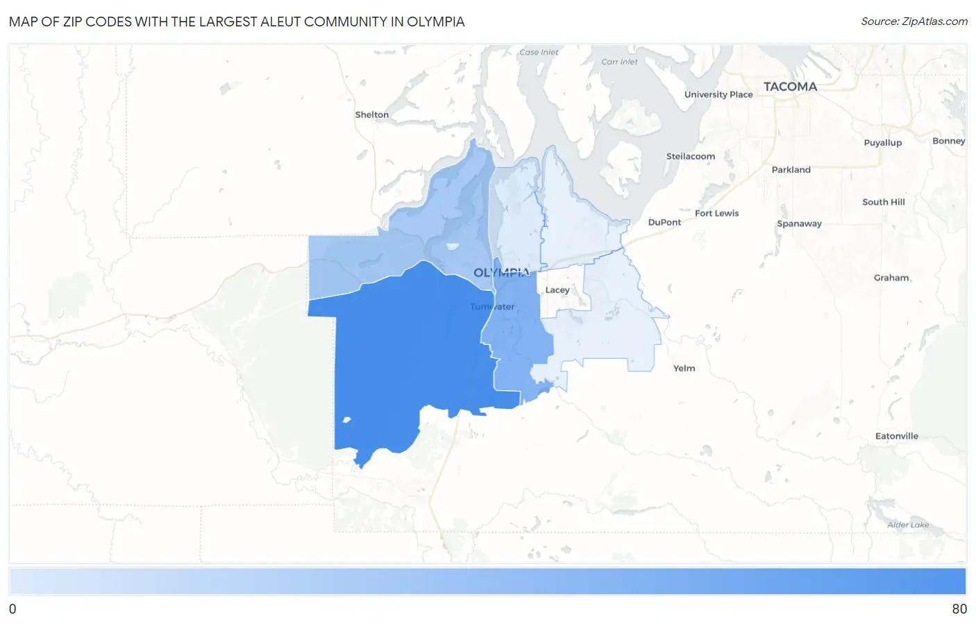 Zip Codes with the Largest Aleut Community in Olympia Map