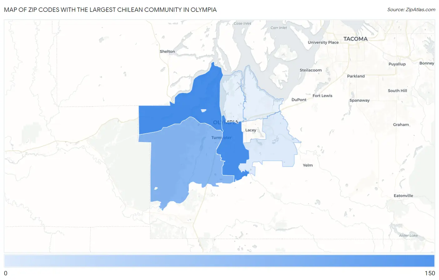 Zip Codes with the Largest Chilean Community in Olympia Map