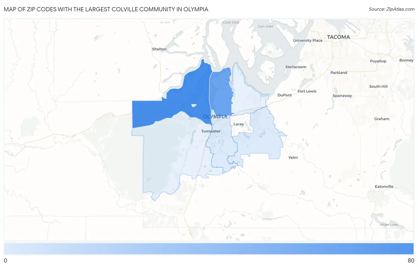 Zip Codes with the Largest Colville Community in Olympia Map