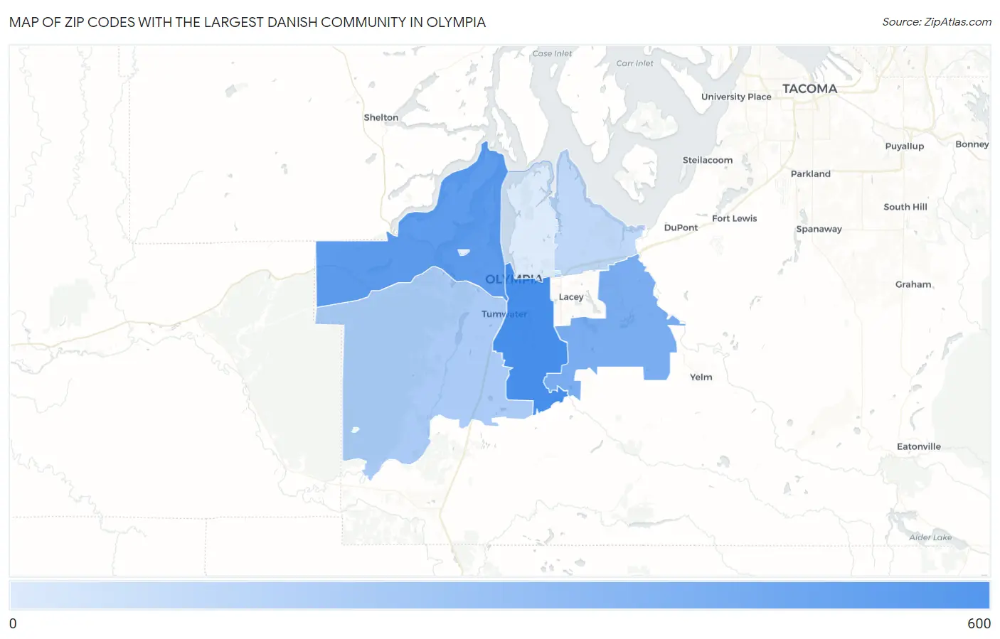 Zip Codes with the Largest Danish Community in Olympia Map