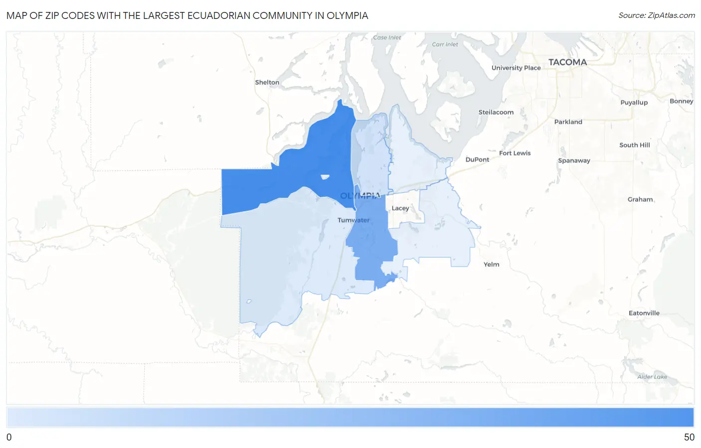 Zip Codes with the Largest Ecuadorian Community in Olympia Map