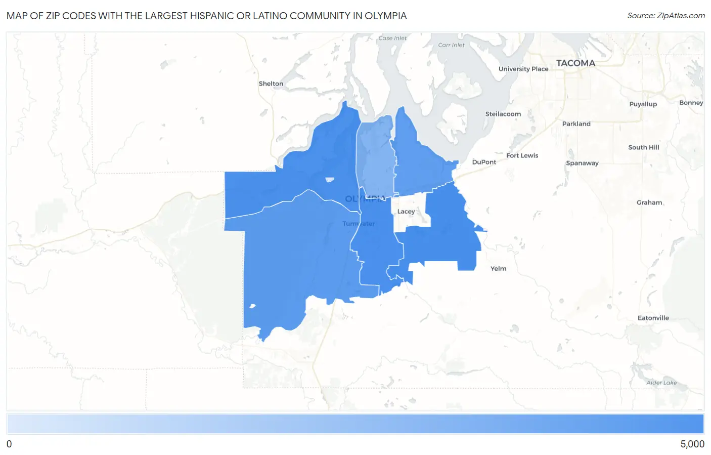 Zip Codes with the Largest Hispanic or Latino Community in Olympia Map