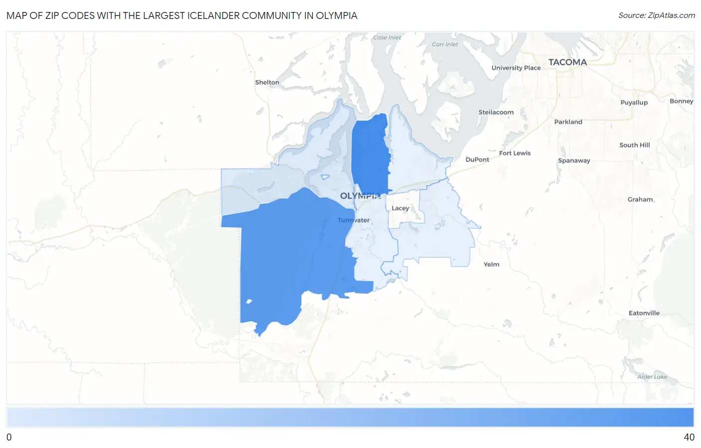 Zip Codes with the Largest Icelander Community in Olympia Map