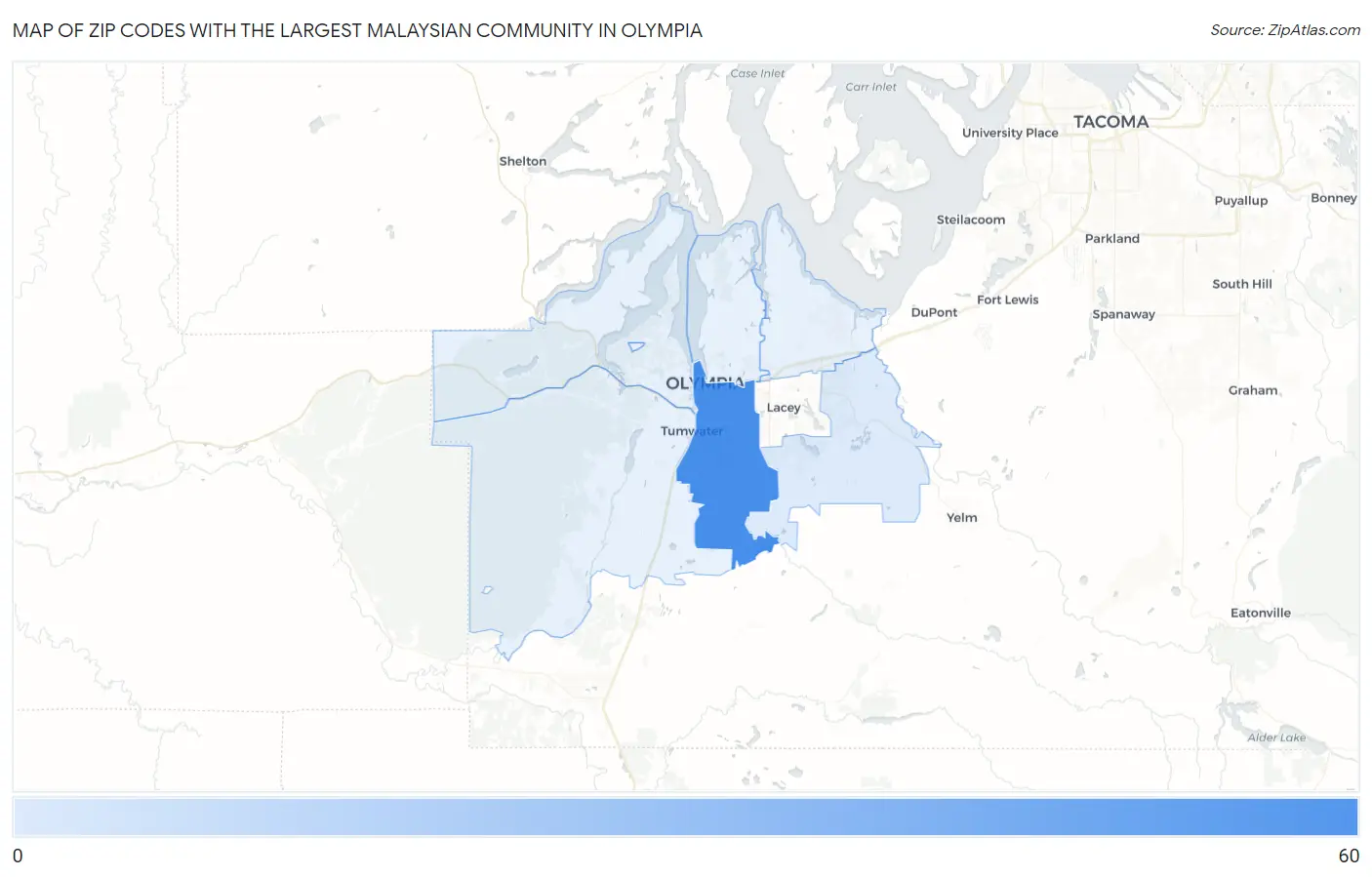 Zip Codes with the Largest Malaysian Community in Olympia Map