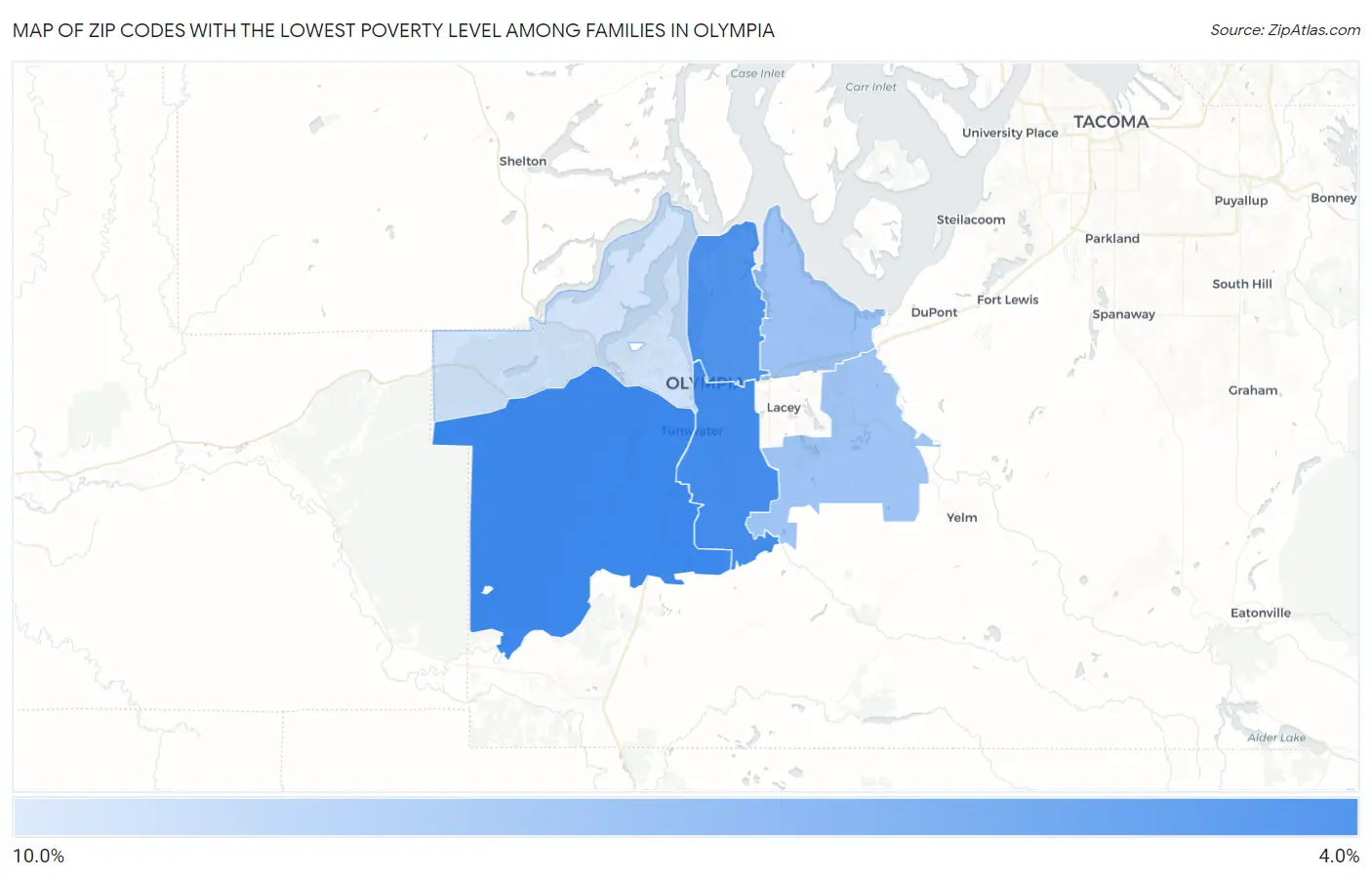 Zip Codes with the Lowest Poverty Level Among Families in Olympia Map