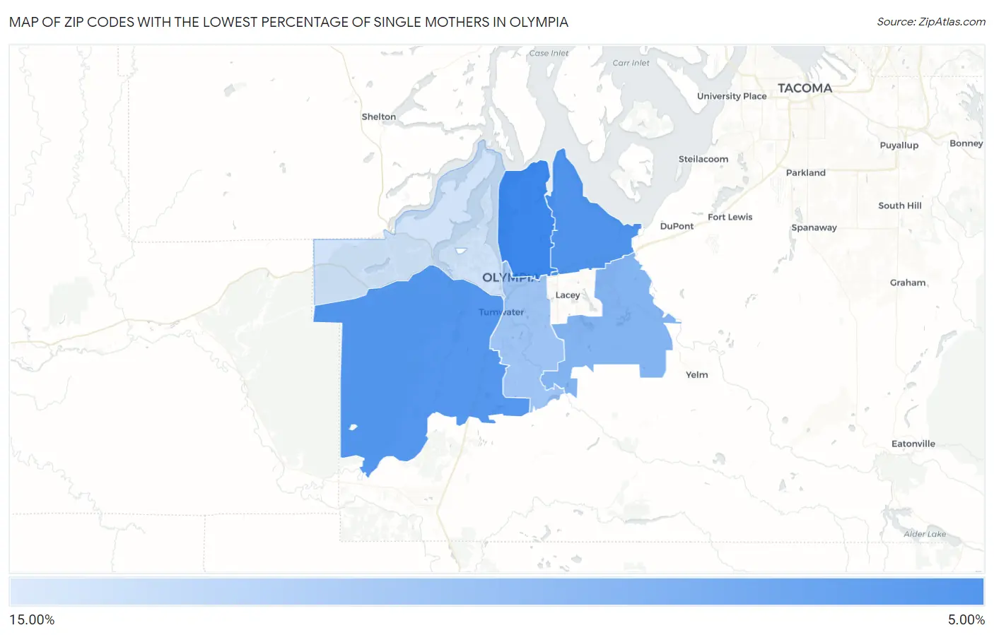 Zip Codes with the Lowest Percentage of Single Mothers in Olympia Map