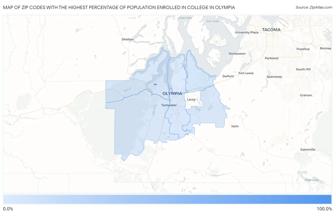Zip Codes with the Highest Percentage of Population Enrolled in College in Olympia Map
