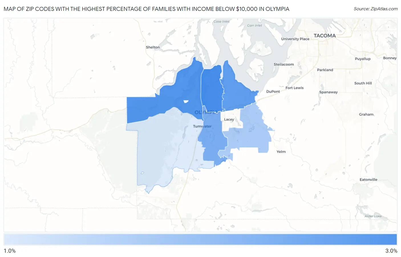Zip Codes with the Highest Percentage of Families with Income Below $10,000 in Olympia Map
