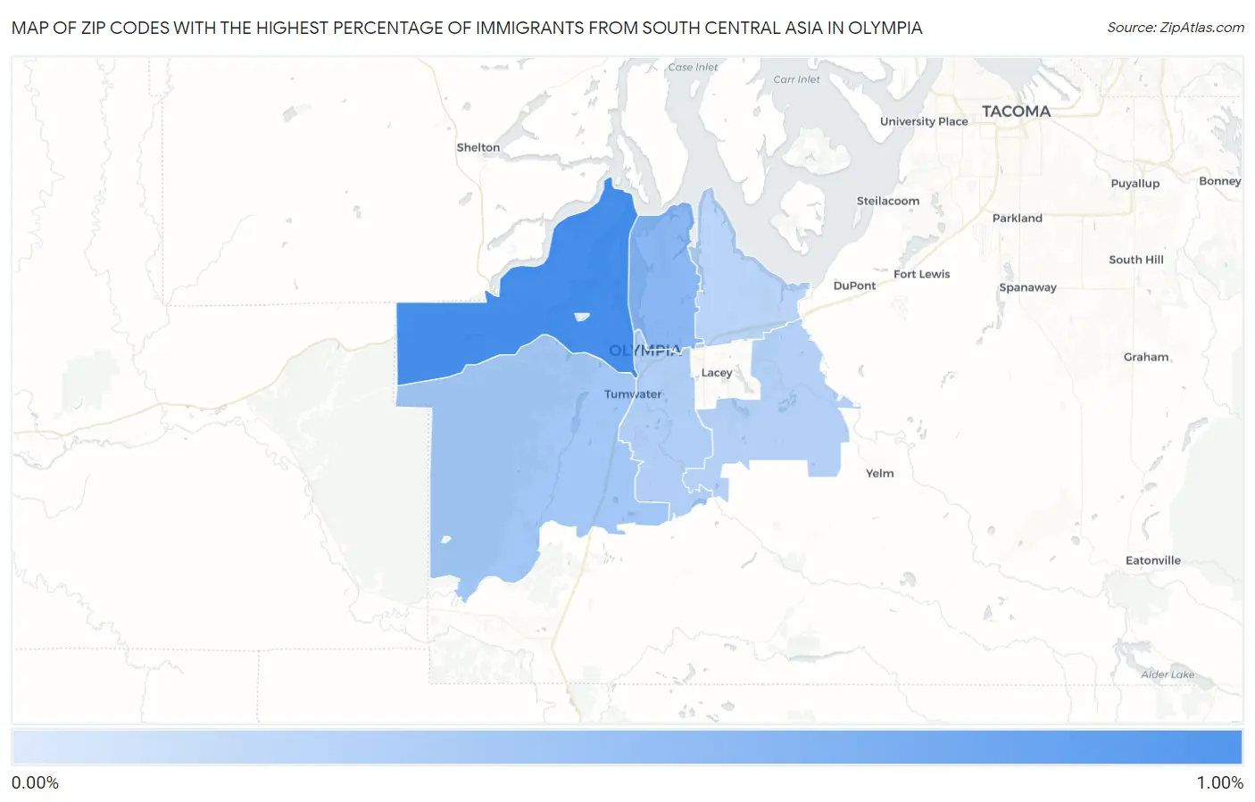 Zip Codes with the Highest Percentage of Immigrants from South Central Asia in Olympia Map