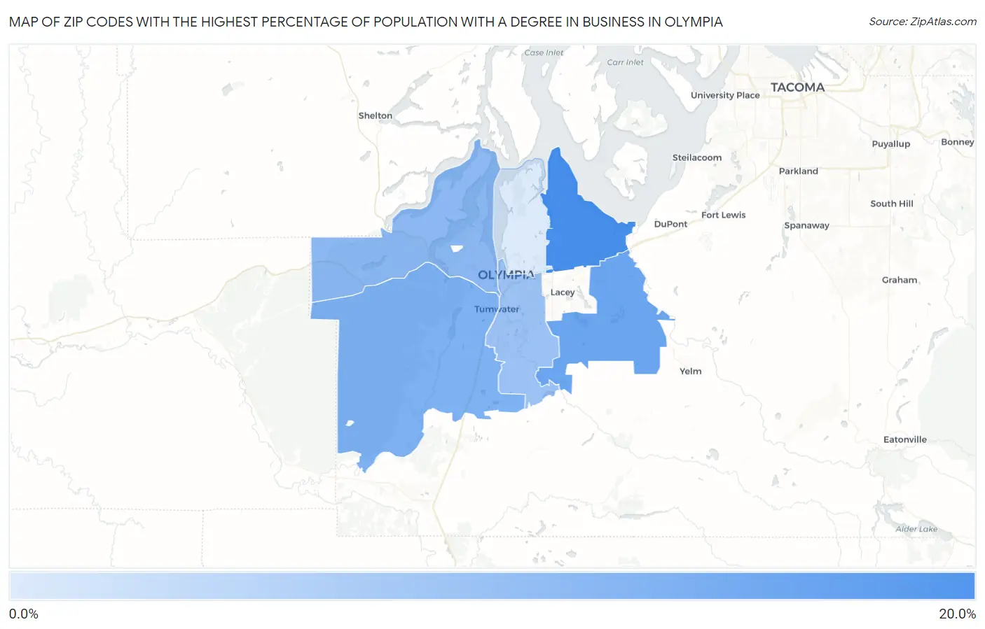 Zip Codes with the Highest Percentage of Population with a Degree in Business in Olympia Map