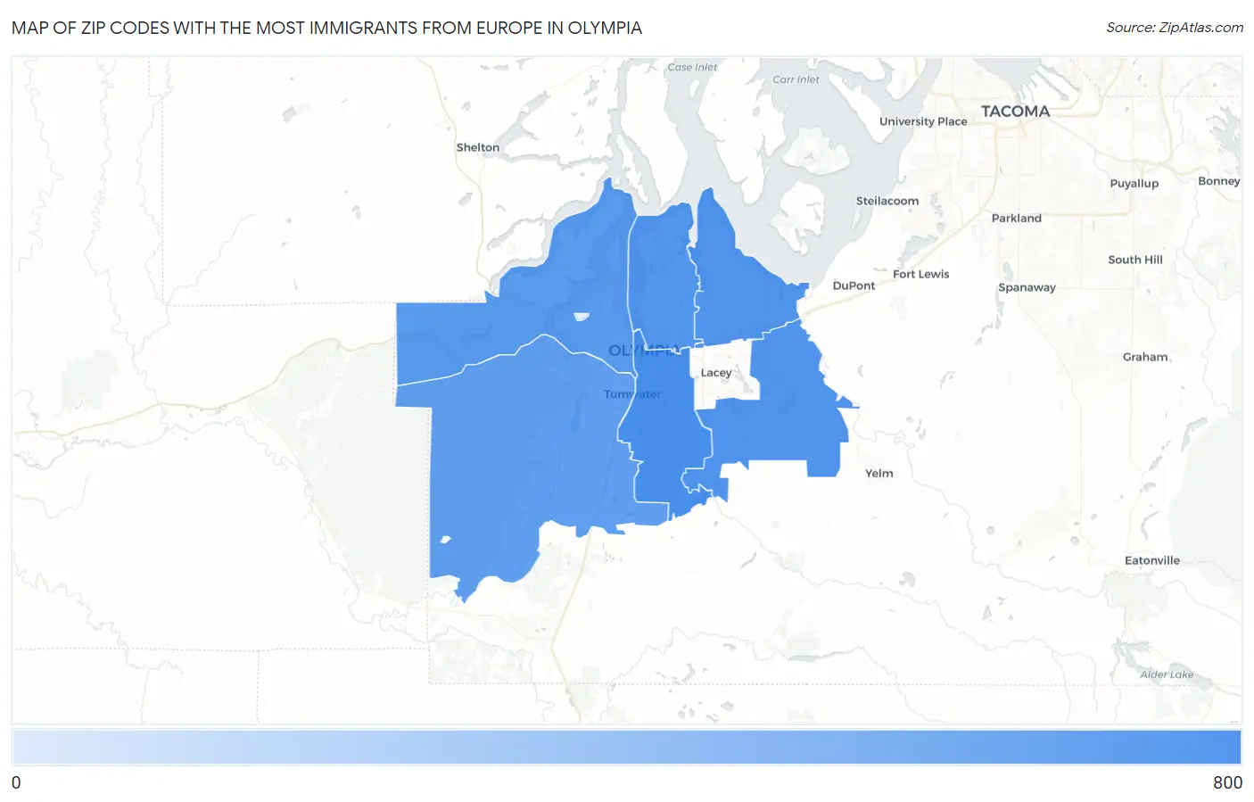 Zip Codes with the Most Immigrants from Europe in Olympia Map
