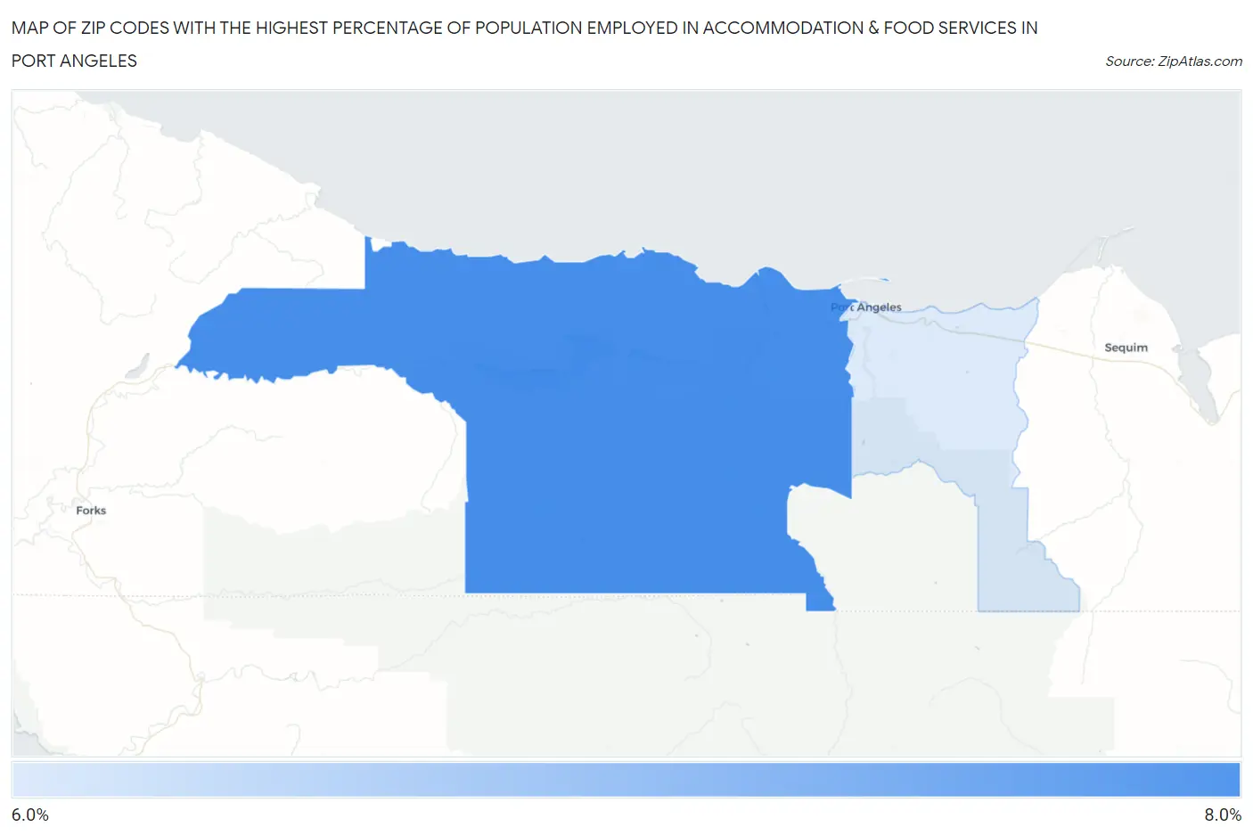 Zip Codes with the Highest Percentage of Population Employed in Accommodation & Food Services in Port Angeles Map