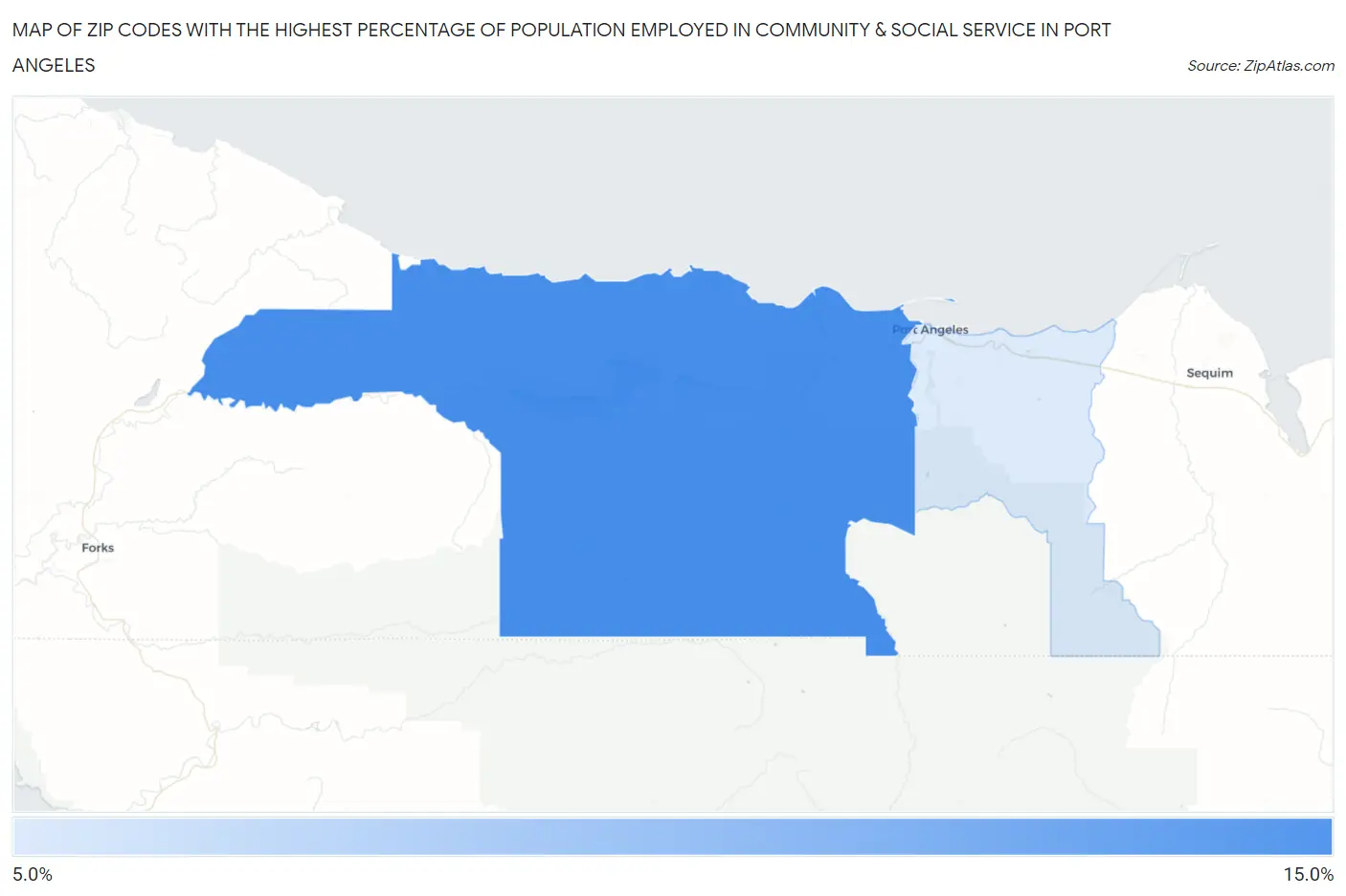 Zip Codes with the Highest Percentage of Population Employed in Community & Social Service  in Port Angeles Map