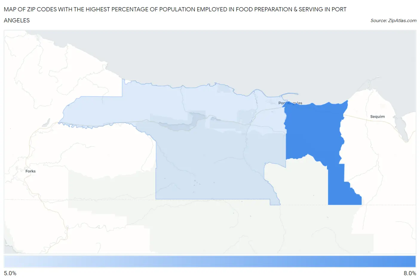 Zip Codes with the Highest Percentage of Population Employed in Food Preparation & Serving in Port Angeles Map