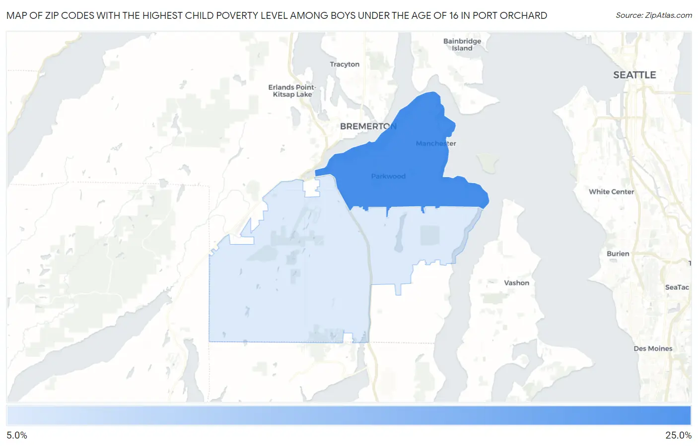 Zip Codes with the Highest Child Poverty Level Among Boys Under the Age of 16 in Port Orchard Map