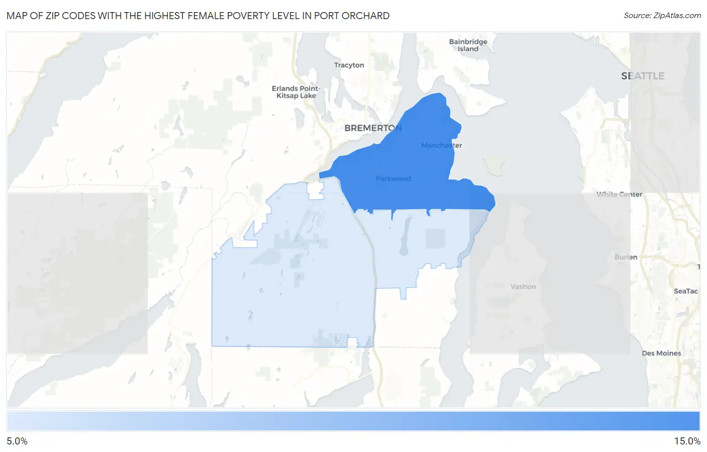 Zip Codes with the Highest Female Poverty Level in Port Orchard Map