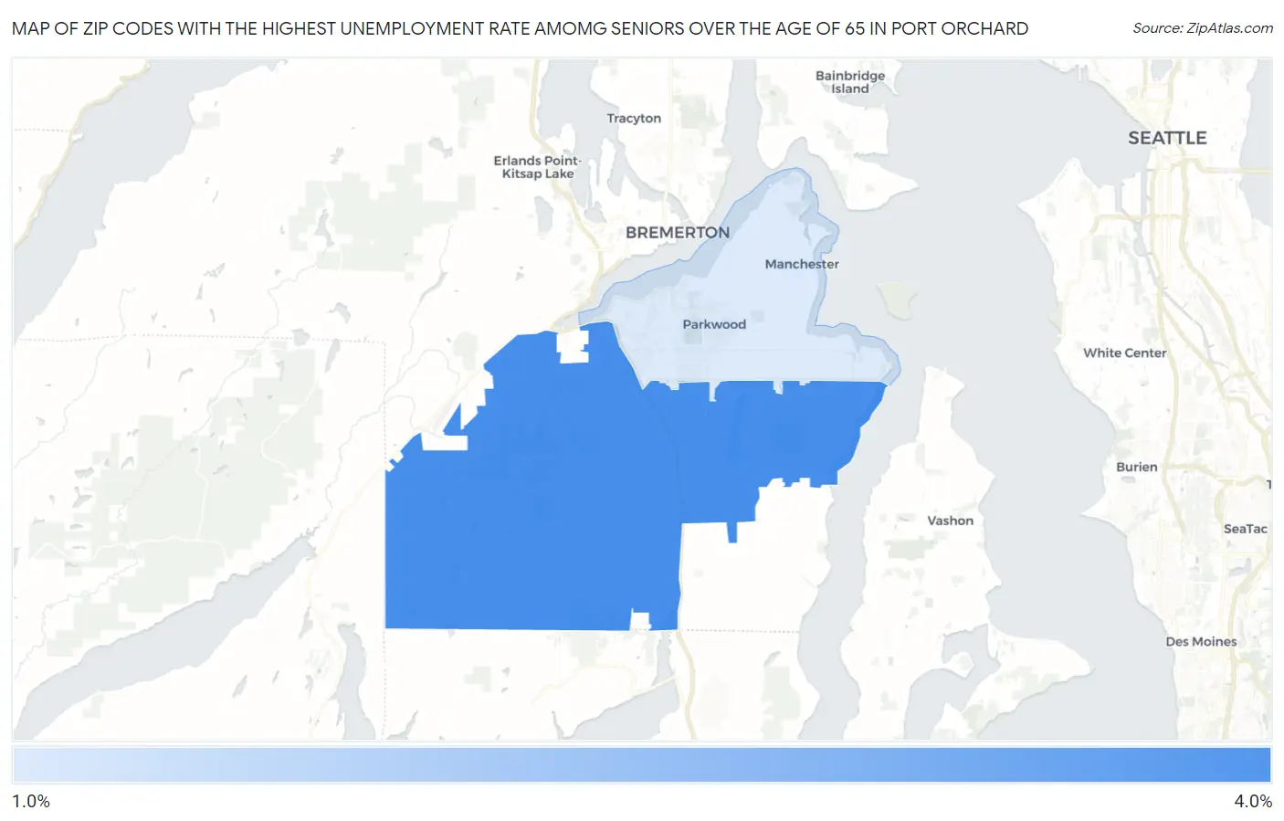 Zip Codes with the Highest Unemployment Rate Amomg Seniors Over the Age of 65 in Port Orchard Map