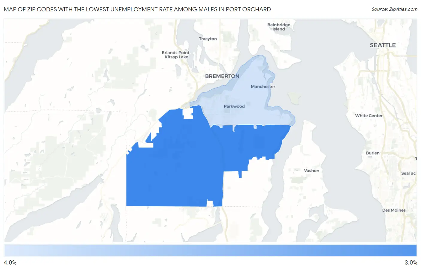 Zip Codes with the Lowest Unemployment Rate Among Males in Port Orchard Map