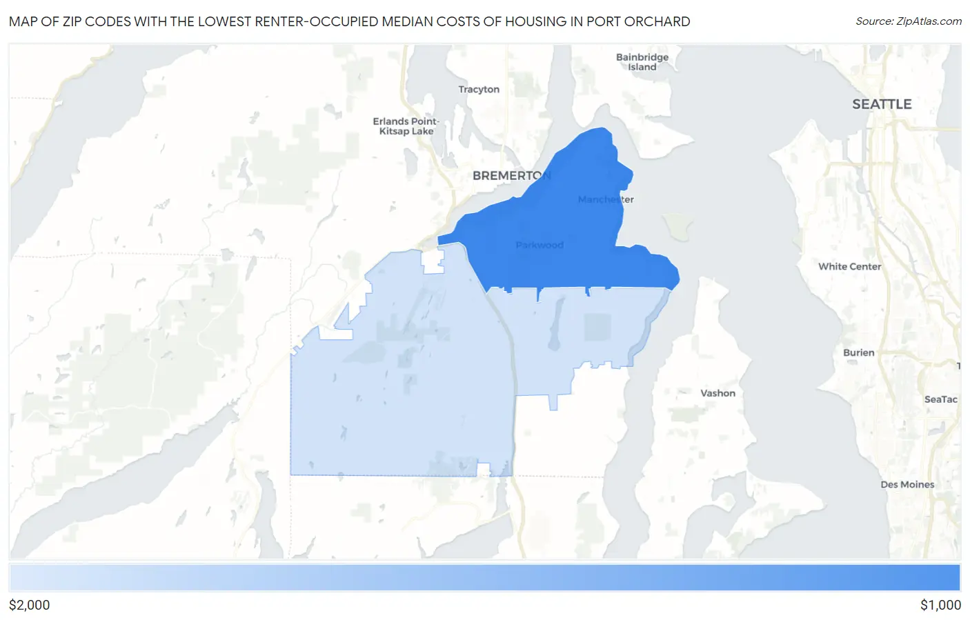Zip Codes with the Lowest Renter-Occupied Median Costs of Housing in Port Orchard Map